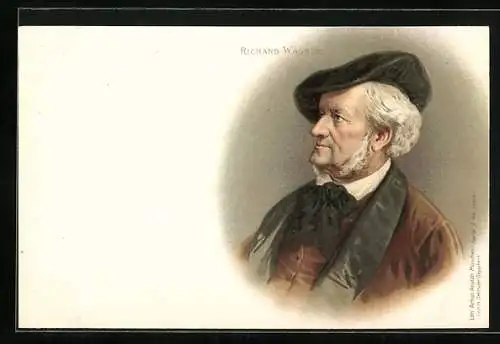 Lithographie Richard Wagner, Brustportrait mit Hut