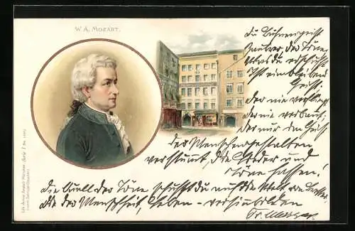 Lithographie Komponist W. A. Mozart und sein Geburtshaus