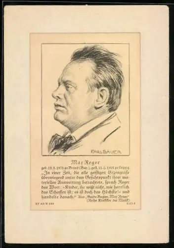 Künstler-AK Max Reger, Portrait des Autors von Karl Bauer