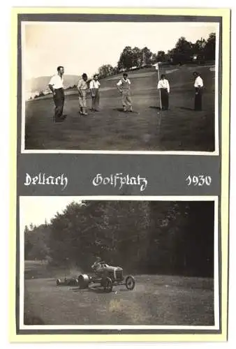 4 Fotografien Ansicht Dellach i. Kärnten, junge Männer spielen Golf auf Golfplatz 1929, Rasenmäher Traktor