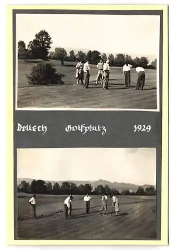 4 Fotografien Ansicht Dellach i. Kärnten, junge Männer spielen Golf auf Golfplatz 1929, Rasenmäher Traktor