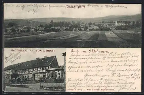 AK Ahlshausen, Gasthaus L. Ernst, Totalansicht mit Feldern und Bergpanorama