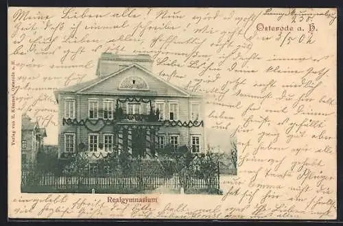 AK Osterode a. H., Realgymnasium, Vorderansicht mit Festgirlanden