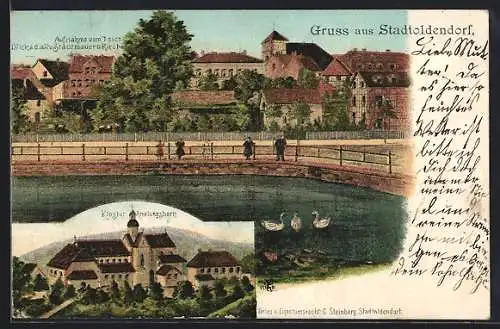 Lithographie Stadtoldendorf, Kloster Amelungsborn, Ortspanorama vom Teich aus, mit Stadtmauer und Kirche