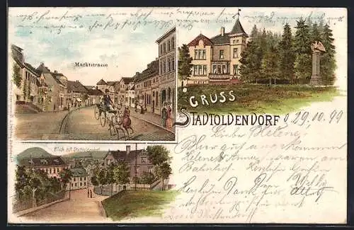 Lithographie Stadtoldendorf, Marktstrasse, Ortsansicht, Kriegerdenkmal mit Villa