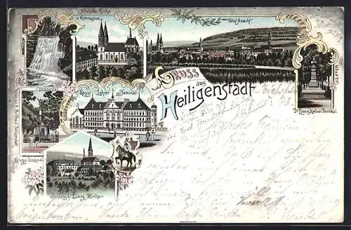 Lithographie Heiligenstadt / Eichsfeld, Altstädter Kirche und Gymnasium, Wasserfall, Kriegerdenkmal