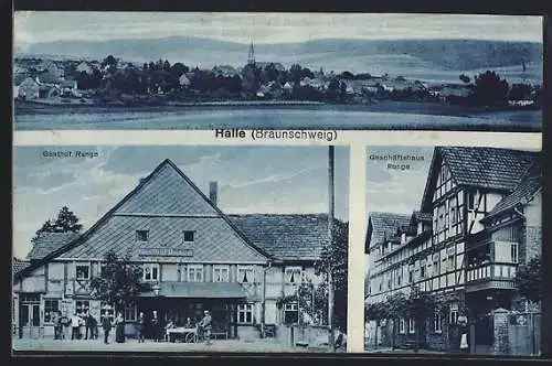 AK Halle / Br., Gasthof und Geschäftshaus Runge, Ortspanorama