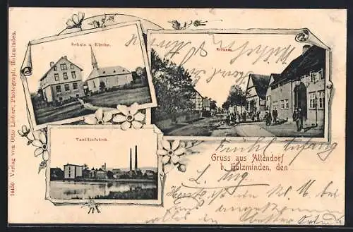 AK Altendorf /Holzminden, Vanillinfabrik mit Gewässer, Strassenpartie, Schule und Kirche