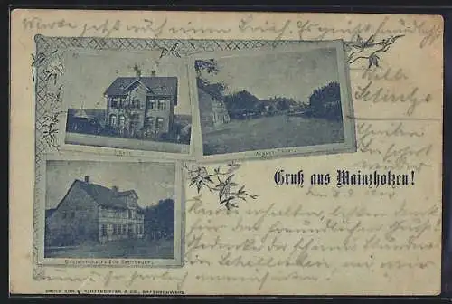 Mondschein-AK Mainzholzen, Gasthaus Otto Bretthauer, Schule, August-Thor