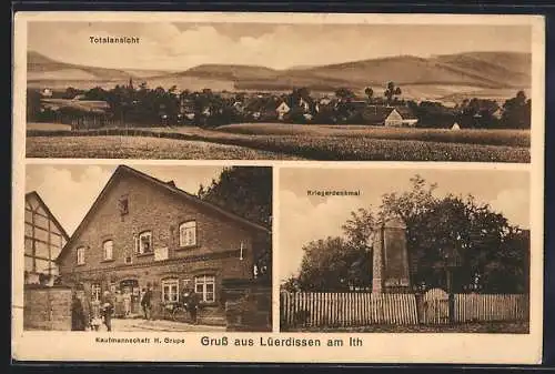 AK Lüerdissen am Ith, Kaufmannschaft H. Grupe, Kriegerdenkmal, Totalansicht mit Bergpanorama