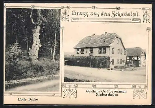 AK Niederscheden /Schedetal, Gasthaus Carl Beuermann mit Strasse, Holty Buche