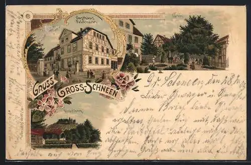 Lithographie Gross-Schneen, Gasthaus Feldmann mit Strasse und Garten, Einzelberg