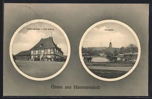 AK Hammenstedt, Gasthaus Cral Gräven, Dorfpartie mit Teich und Kutsche