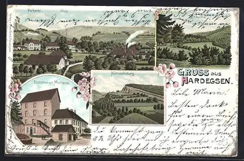 Lithographie Hardegsen, Domaine mit Muthaus, Hünescheburg, Lunauthal, Ortsansicht