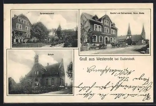 AK Westerode /Duderstadt, Gasthof-Schlachterei H. Mecke mit Strasse und Türmen, Garten, Schule