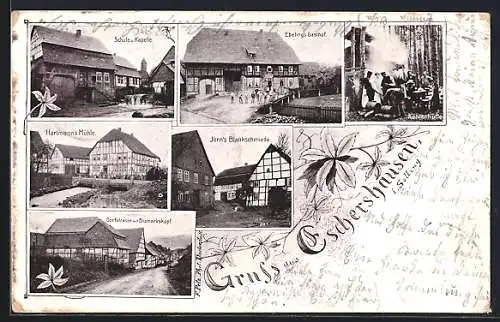 Lithographie Eschershausen / Solling, Ebeling's Gasthof, Schule, Jörn's Blankschmiede, Köhlerhütte