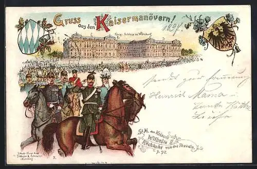 Lithographie Würzburg, Kaisermanöver vor Kgl. Schloss