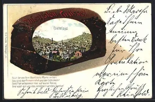 Passepartout-Lithographie Bielefeld, Teilansicht mit Bergen im Pumpernickel-Laib