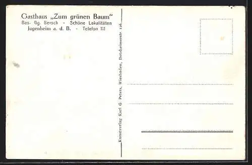 AK Jugenheim a. d. B., Gasthaus Zum grünen Baum, Gartenseite, Pärchen sitzt unterm Baum