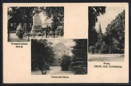 AK Schönow / Bernau, Gemeinde-Schule, Kirche, Kriegerdenkmal 1914-18