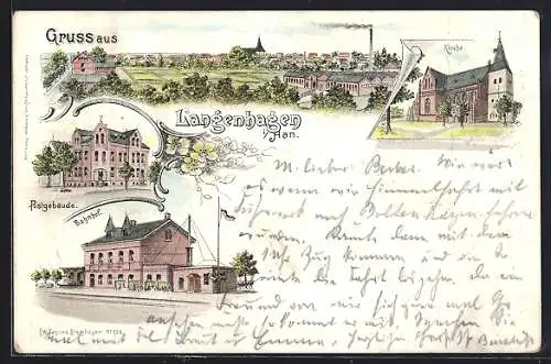 Lithographie Langenhagen i. Han, Postgebäude, Kirche, Bahnhof