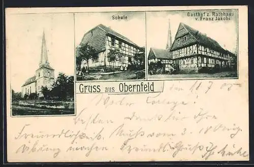 AK Obernfeld, Gasthof zum Rathaus, Kirche, Schule