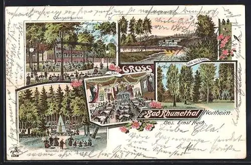 Lithographie Northeim, Bad Rhumethal, Konzertgarten, Inneres Saal, Veranda mit Fontaine