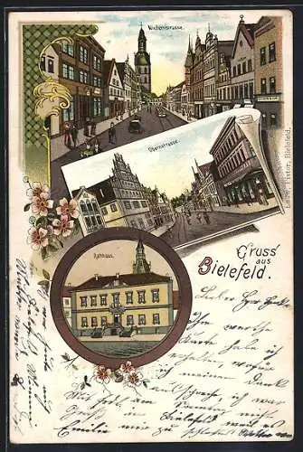 Lithographie Bielefeld, Rathaus, Obernstrasse, Niedernstrasse, Strassenbahn