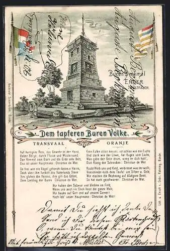 Lithographie Enger, Buren-Denkmal, Gedicht: Dem tapferen Buren-Volke, Fahnen