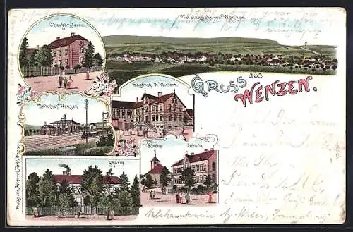 Lithographie Wenzen, Gasthof W. Wielert, Bahnhof, Oberförsterei