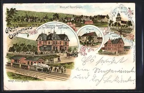 Lithographie Opperhausen, Restaurant a. Bahnhof v. Carl Dörries, Pfarre, Schule