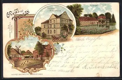 Lithographie Deensen, Gasthaus H. Kuhlmann, Rittergut, Schule