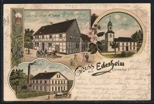 Lithographie Edesheim /Leinethal, Gastwirtschaft von W. Ludolph, Molkerei, Kirche