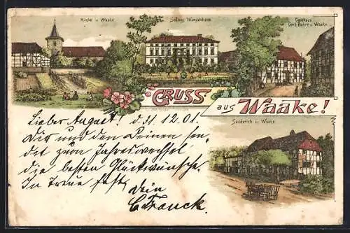 Lithographie Waake, Gasthaus Gerh. Buhre, Schloss Wangenheim, Kirche