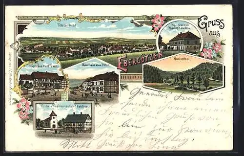 Lithographie Ebergötzen, Gasthaus Karl Frantz, Gasthaus Wwe. Peter, Kaufmannschaft C. Fahlbusch