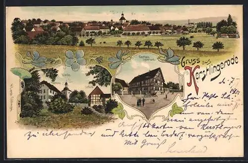 Lithographie Kerstlingerode, Gasthaus Sauerland, Kirche, Pfarrhaus, Schule