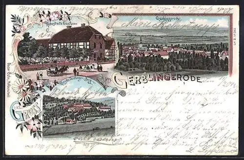 Lithographie Gerblingerode, Hebestreits Gasthaus, Kloster Teistungen-Burg, Ortsansicht