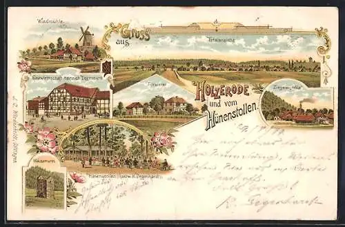 Lithographie Holzerode, Gastwirtschaft Heinrich Degenhardt Hünenstollen, Windmühle, Ziegelei Hölle