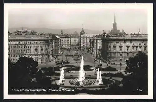 AK Wien, Schwarzenbergplatz, Hochstrahlbrunnen, Strassenbahnen