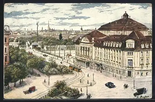 Künstler-AK Wien, Konzerthaus mit Strasse und Stadtpanorama aus der Vogelschau