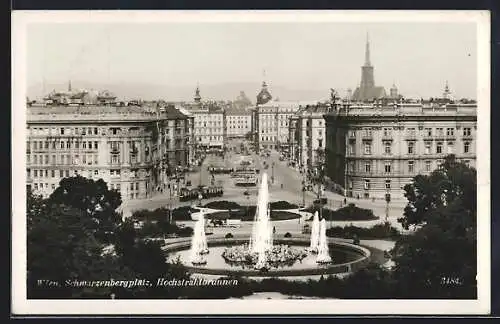 AK Wien, Schwarzenbergplatz, Hochstrahlbrunnen, Strassenbahnen