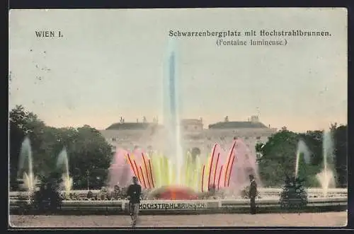 AK Wien, Schwarzenbergplatz mit erleuchtetem Hochstrahlbrunnen