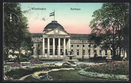 AK Wiesbaden, Kurhaus mit Brunnen und Anlagen