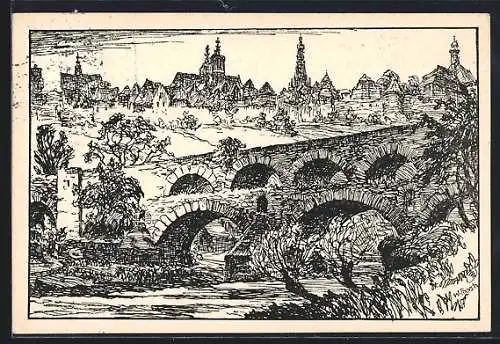 Künstler-AK Rothenburg / Tauber, Doppelbrücke, Federzeichnung von Willi Förster