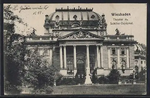 AK Wiesbaden, Theater mit Schiller-Denkmal