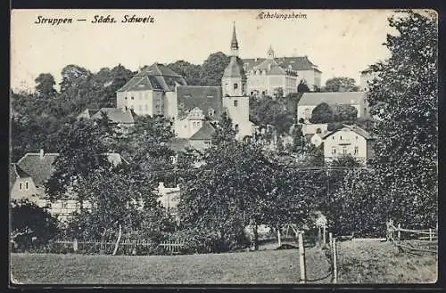 AK Struppen / Sächs. Schweiz, Teilansicht mit Erholungsheim und Kirche