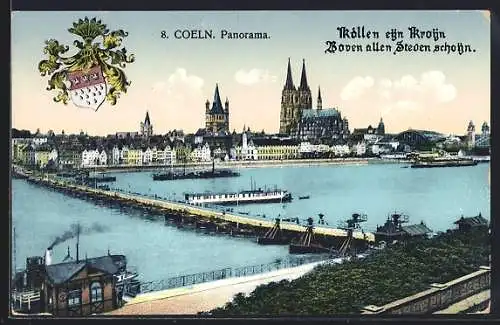 AK Cöln, Panorama mit Dampfer auf dem Rhein und Blick zum Dom, Wappen