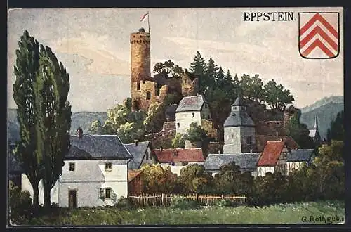 Künstler-AK Eppstein, Blick zum Ort mit Wappen