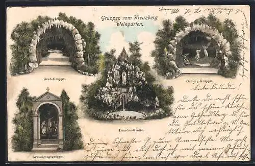 AK Weingarten / Württ., Kreuzberg, Grab-Gruppe, Kreuzigungsgruppe, Lourdes-Grotte, Oelberg-Gruppe