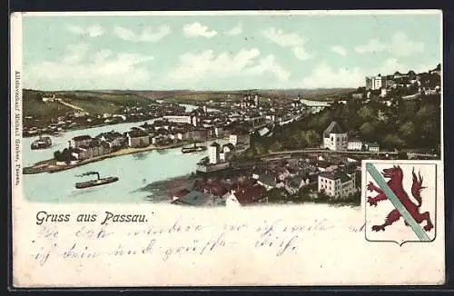 AK Passau, Ortspanorama, Wappen, Dampfer